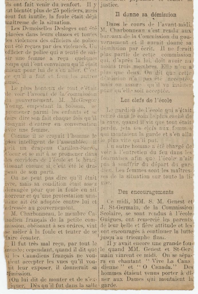 « Les femmes sont à l'école Guigues », article paru dans Le Droit, 7 janvier 1916. Université d'Ottawa, CRCCF, Fonds Association canadienne-française de l'Ontario (C2), C2/89/9.
